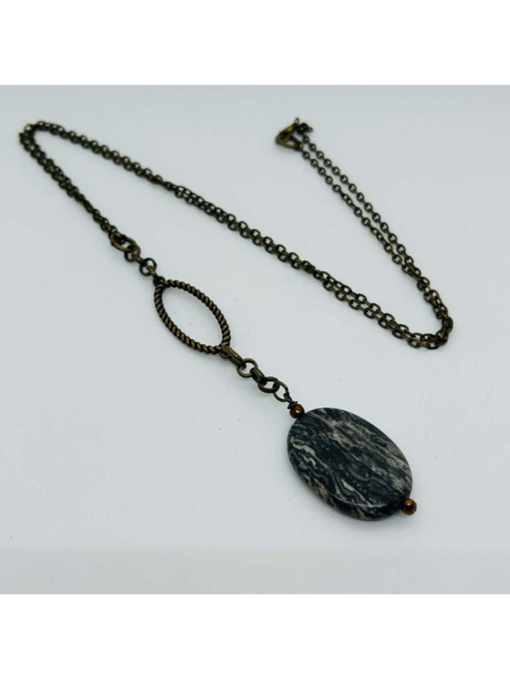 Modernist Bronze Color Jasper Agate Pendant Necklace Chain Oval Bohemian Gothic - Picture 9 of 10